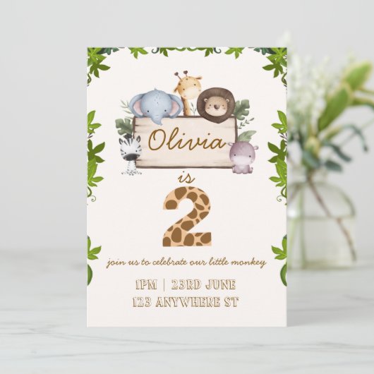 Verjaardagsuitnodigingskaart met malse jungle dier kaart