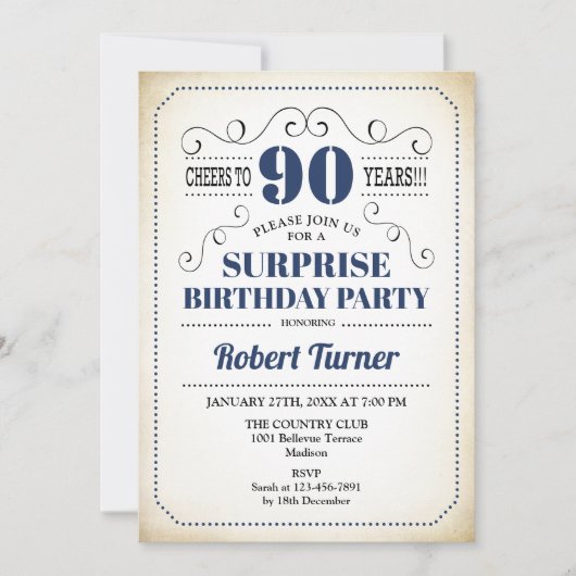 Verjaardagsverrassing 90ste - Marineblauw Wit Zwar Kaart (Voorkant)