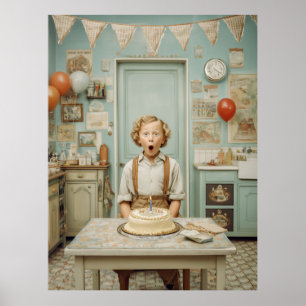 Verjaardagsverrassing in de keuken in vintage stij poster
