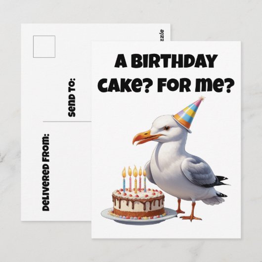 Verjaardagsverrassing van de meeuw – Taart niet ve Briefkaart (Voorkant / Achterkant)