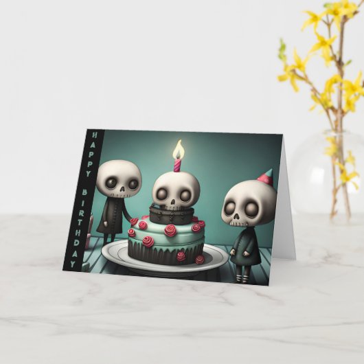 Verjaardagsviering feest taart skelet vrienden kaart (Gele Bloem)