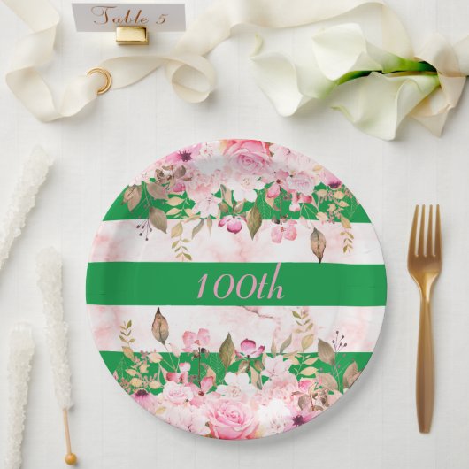 Verjaardagsviering Groen Roze Streep Bloemen Papieren Bordje (Huwelijk)