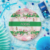 Verjaardagsviering Groen Roze Streep Bloemen Papieren Bordje (Feest)