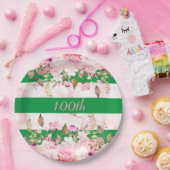 Verjaardagsviering Groen Roze Streep Bloemen Papieren Bordje (Feest)