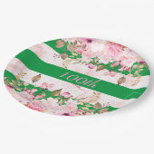 Verjaardagsviering Groen Roze Streep Bloemen Papieren Bordje (Gekanteld)