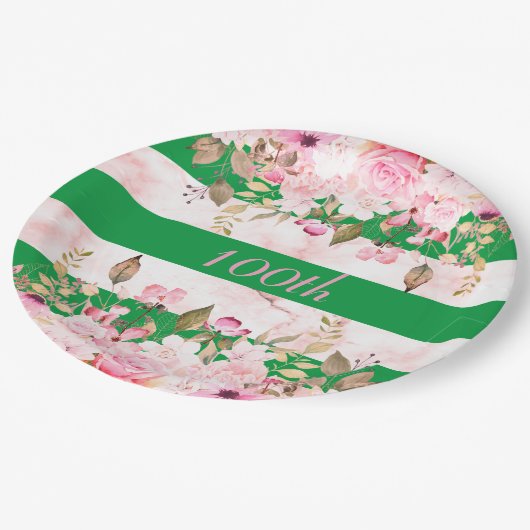 Verjaardagsviering Groen Roze Streep Bloemen Papieren Bordje (Gekanteld)