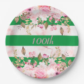 Verjaardagsviering Groen Roze Streep Bloemen Papieren Bordje (Voorkant)