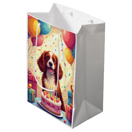 Verjaardagsviering van een Brittany Spaniel Medium Cadeauzakje (Voorkant Gekanteld)