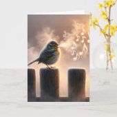 Verjaardagsvogel zingen in ochtendmist kaart (Gele Bloem)