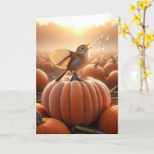 Verjaardagsvogel zingt op een pompoen kaart (Gele Bloem)