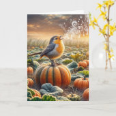 Verjaardagsvogel zingt op een pompoen kaart (Gele Bloem)