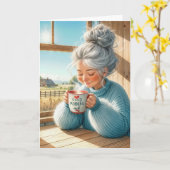 Verjaardagsvrouw Drink ochtendkoffie Kaart (Gele Bloem)