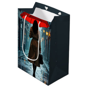 Verjaardagsvrouw met een rode paraplu medium cadeauzakje