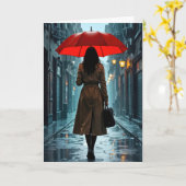 Verjaardagsvrouw onder een rode paraplu kaart (Gele Bloem)