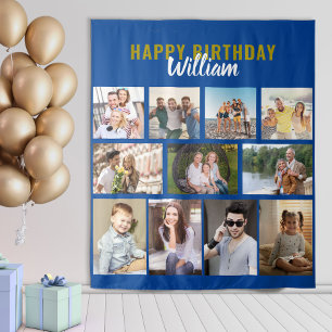 Verjaardagswens Persoonlijke 11 foto collage Blauw Wandkleed