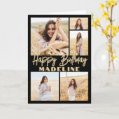 Verjaardagswensen 5 Foto Collage Modern Zwart & Go Kaart (Gele Bloem)