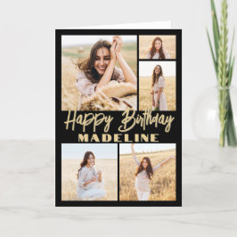 Verjaardagswensen 5 Foto Collage Modern Zwart & Go Kaart