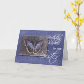 Verjaardagswensen aan mijn zuster-blauwe vlinder kaart (Gele Bloem)