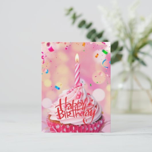Verjaardagswensen Cup Cake Pink Post Kaart (Staand voorkant)