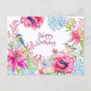 Verjaardagswensen Levendige Waterverf Bloemen & Vo Briefkaart