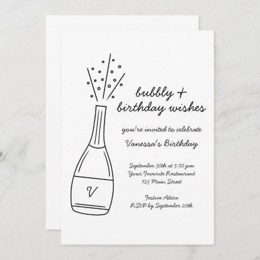 Verjaardagswensen met knallende champagnefles kaart (Voorkant / Achterkant)