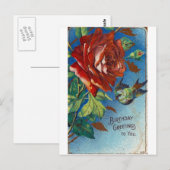 Verjaardagswensen met roos en vogel briefkaart (Voorkant / Achterkant)