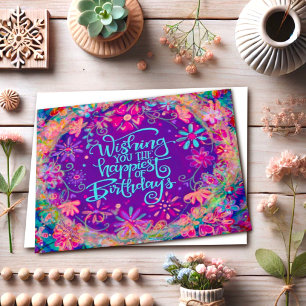 Verjaardagswensen  Paarse Happy Floral Kaart