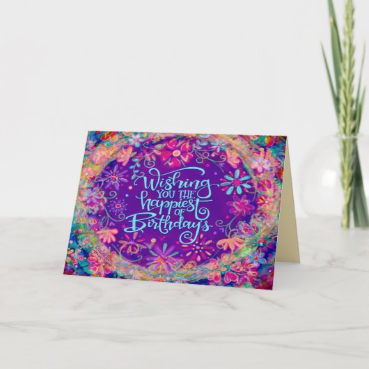 Verjaardagswensen  Paarse Happy Floral Kaart (Voorkant)