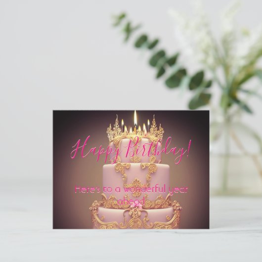 Verjaardagswensen Roze Taart Ansichtkaart Briefkaart (Staand voorkant)
