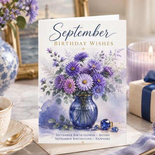 Verjaardagswensen september Asters Saffier Verjaar Kaart