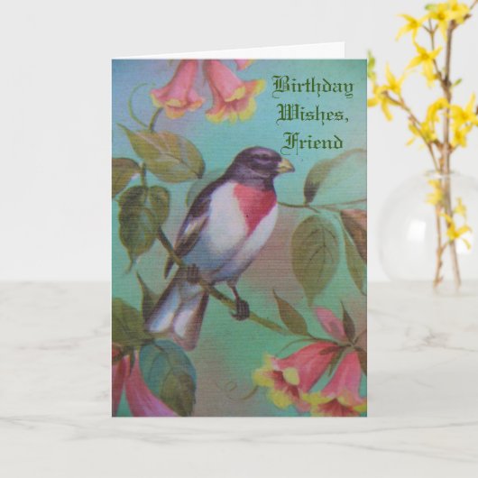 Verjaardagswensen, vriend,  vogel. kaart (Gele Bloem)