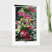 Verjaardagswensen, Vrouw,  Clematis bloeit. Kaart (Achterkant)
