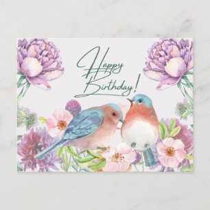Verjaardagswensen Waterverf Bloemen, Vogels  Briefkaart