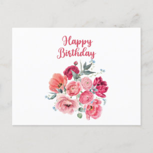 Verjaardagswensen Waterverf Rode & Roze Bloemen  Briefkaart