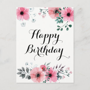 Verjaardagswensen Waterverf Roze Bloemen Briefkaart