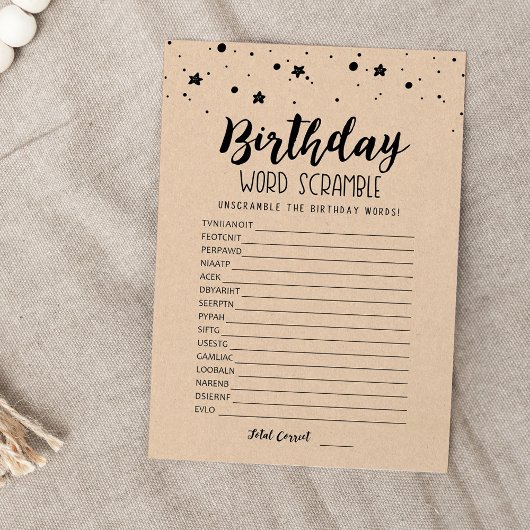 Verjaardagswoord scramble met antwoorden spel Kaar Kaart