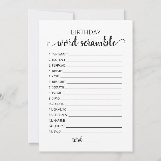 Verjaardagswoord scramble met antwoorden spel Kaar Kaart (Voorkant)