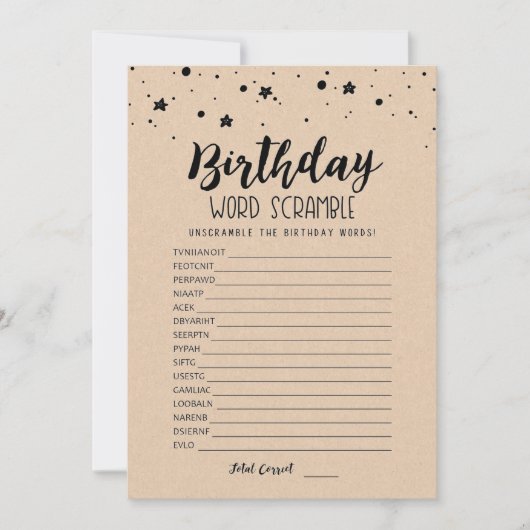Verjaardagswoord scramble met antwoorden spel Kaar Kaart (Voorkant)