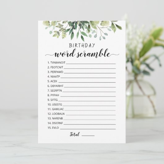 Verjaardagswoord scramble met antwoorden spel Kaar Kaart (Staand voorkant)