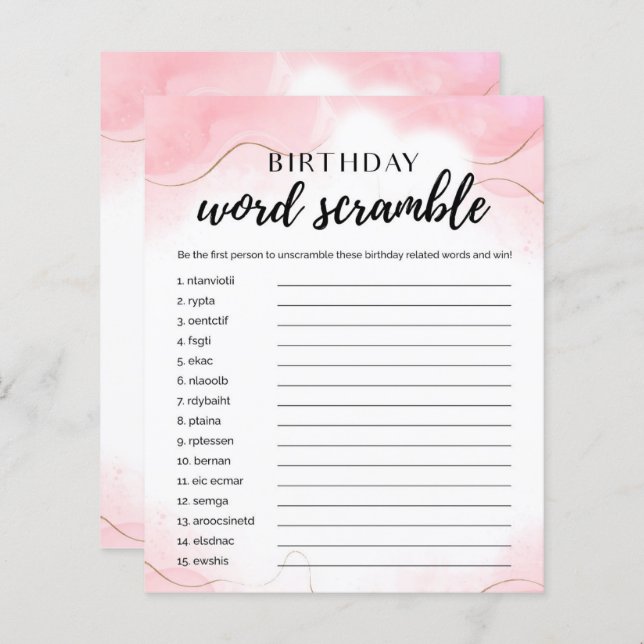 Verjaardagswoord Scramble Roos Gold Party Game Kaa (Voorkant / Achterkant)