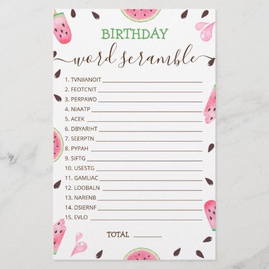 Verjaardagswoord scramble spel met antwoord Waterm (Voorkant)