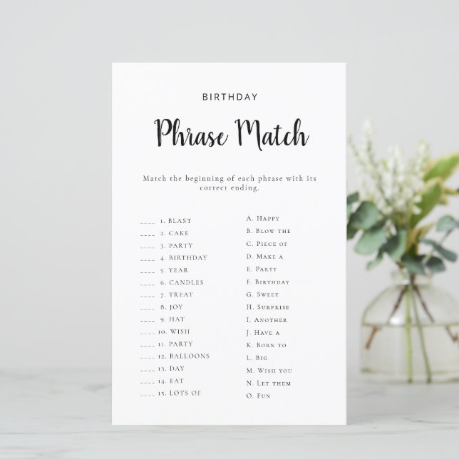 Verjaardagszin Matching Game Printbaar (Staand voorkant)