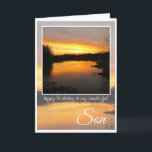 Verjaardagszoon, Dark Oranje Sunrise Reflection. Kaart<br><div class="desc">Happy Birthday Son,  prachtige felle oranje zonsopgang achter gestreepte wolken en duistere bomen,  met oranje en paarse rivierreflectie. Tekst: Gelukkige Verjaardag aan mijn prachtige Zoon. De binnenste kaart is leeg.</div>