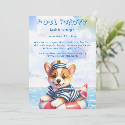 Verjaardagszwembadfeest Uitnodiging Puppy Splash (Staand voorkant)