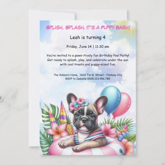 Verjaardagszwembadfeest Uitnodiging Puppy Splash (Voorkant)