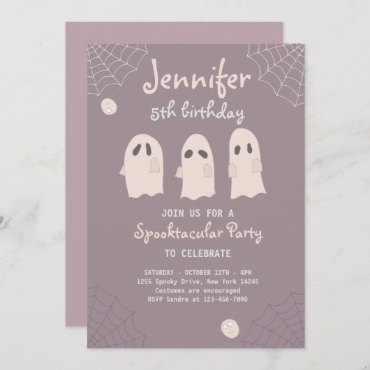 Verjaardaguitnodiging met grappige spoken en spinn kaart (Voorkant / Achterkant)