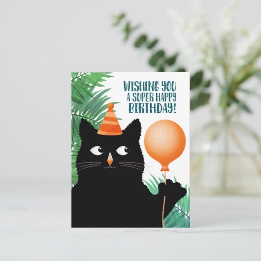 Verjaardenfeest met zwarte kat en ballon briefkaart (Staand voorkant)