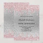 Verjaardfeest zilveren glitter druppelt metaal roz kaart (Voorkant / Achterkant)