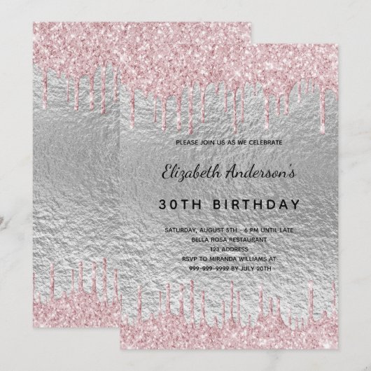 Verjaardfeest zilveren glitter druppelt metaal roz kaart (Voorkant / Achterkant)