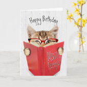 Verjaardkat met bril en rood boek kaart (Gele Bloem)